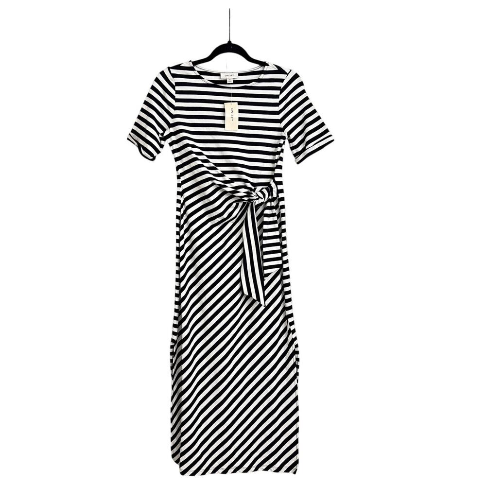 NWT On 34th Striped Tie-Waist Black White Stretch Fitted Midi Dress Size XS - Picture 1 of 5